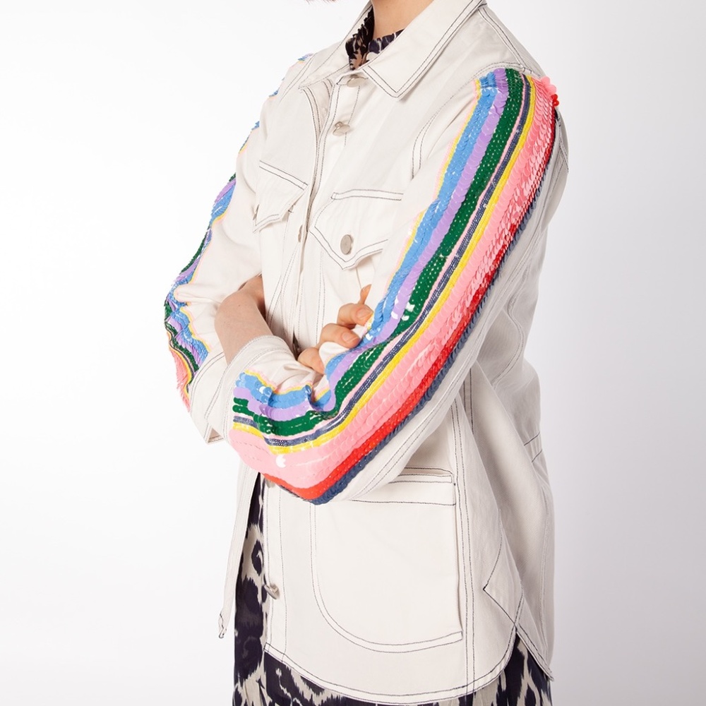 White Denim w Colorful Sequins Silver Buttons Shirt Jacket